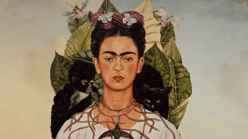 frida autoportrait painting with leavess and butterflies