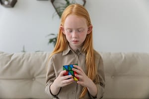girl sits and play with a cube
